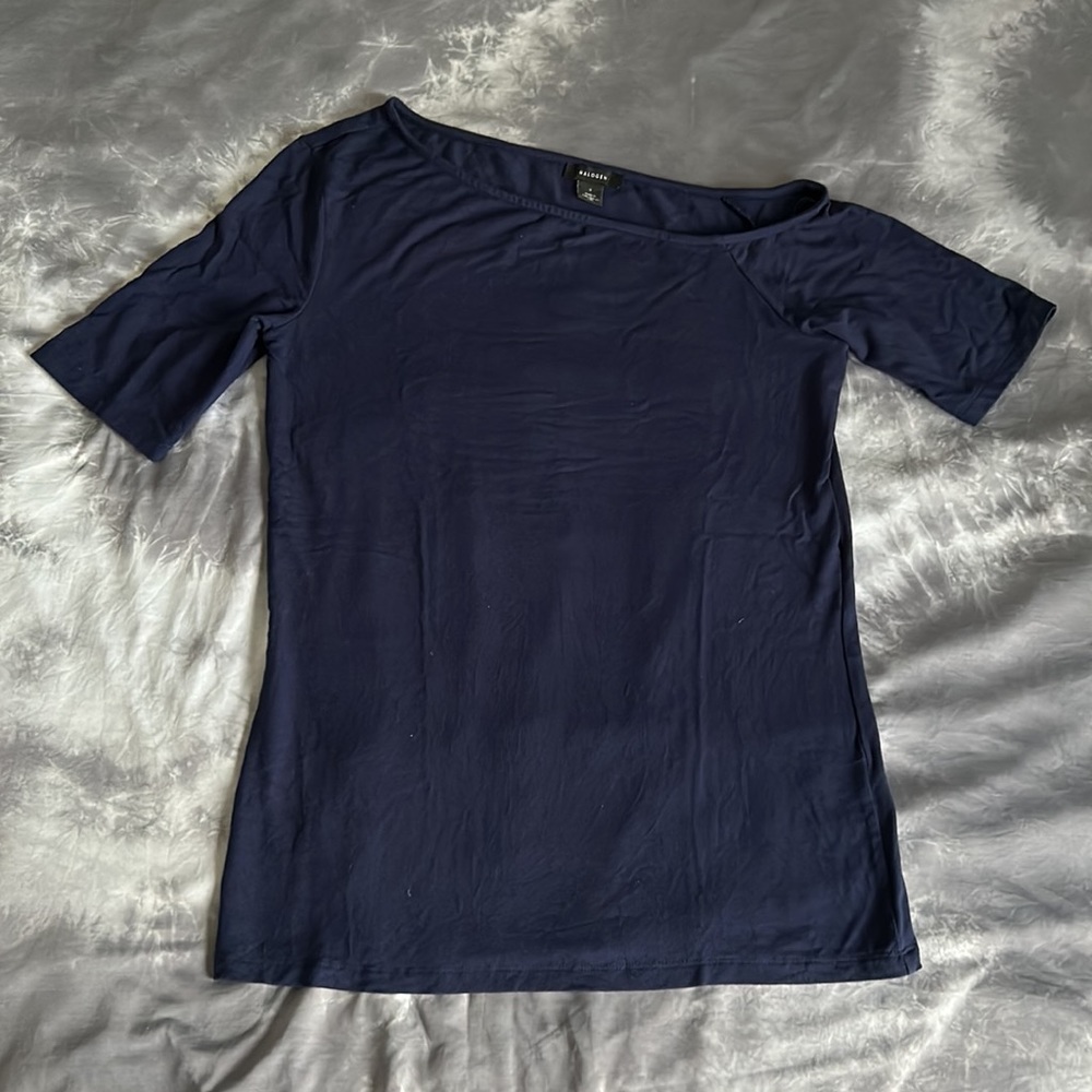 Halogen navy blue one-shoulder top wide neckline stretchy shirt short sleeve
